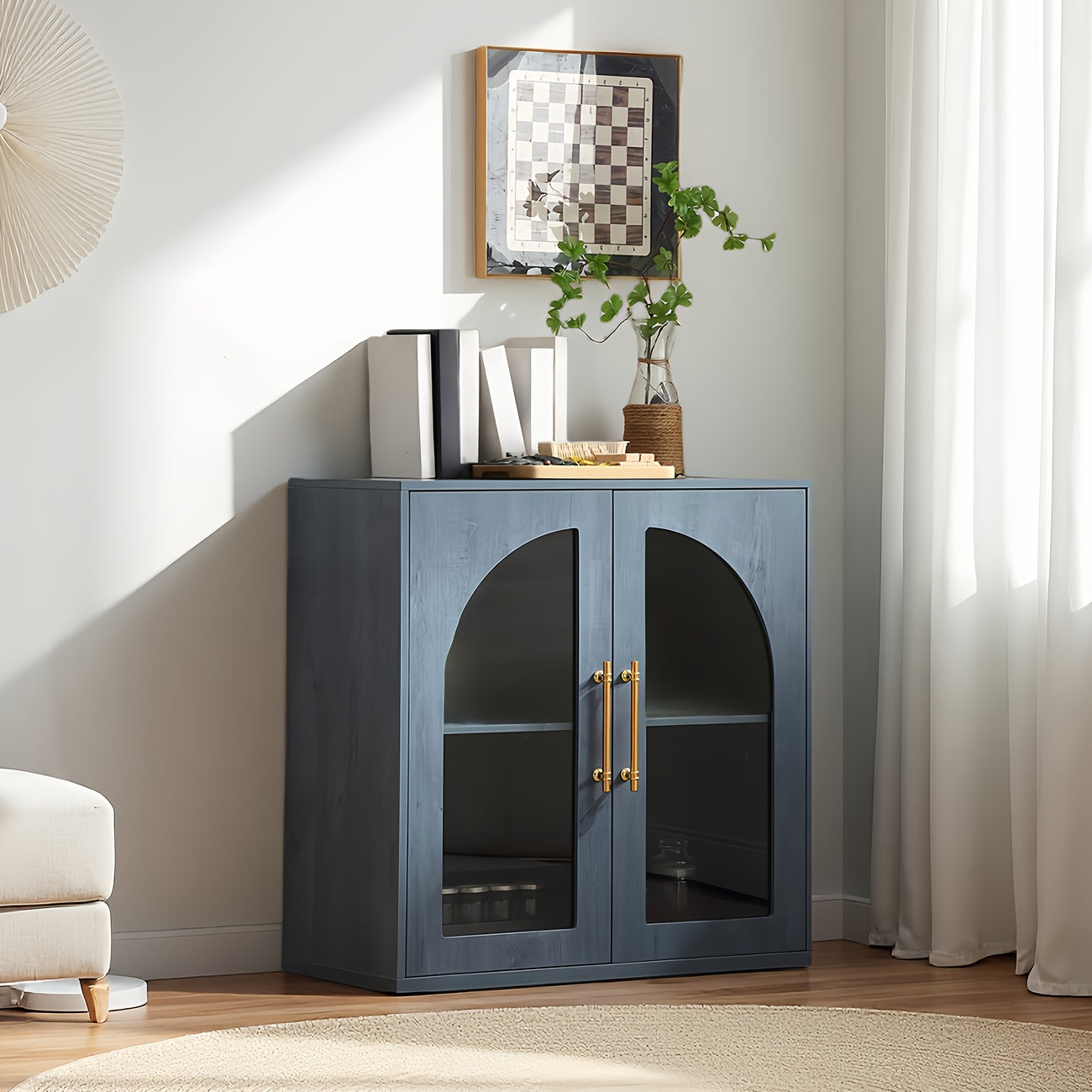 Modern Natural Buffet Sideboard with Arched Glass Doors & Adjustable Shelves - Wide -Standing Storage Cabinet Suitable for Living Room, Kitchen, Dining Room, \u002FParticle Board, Low Profile, Ample Closed Storage Space