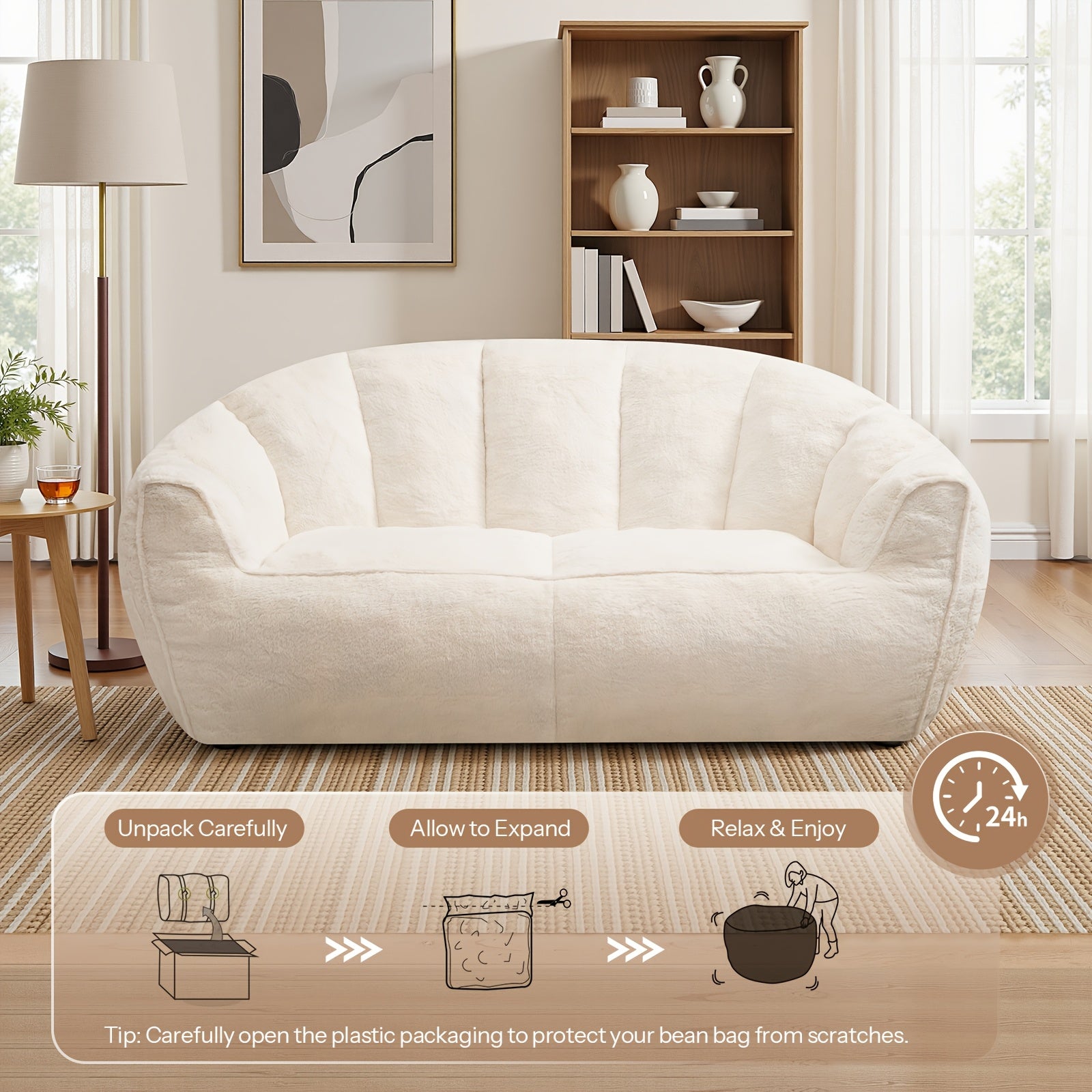 Oversized Plush Faux Fur Bean Bag Chair & Lounger - Large Foam Sofa Suitable for Bed, Couch, Office Chair, No Assembly Required, Shredded Foam, Modern Minimalist, - for -Room Use (White)