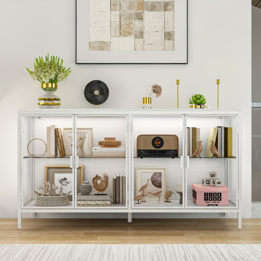 55.1'' W Glass Display Cabinet with Adjustable Lighting, Modern Storage Cabinet with 4 Storage Compartments & 4 Glass Doors, Stylish Design, for Living Room And Dining Room