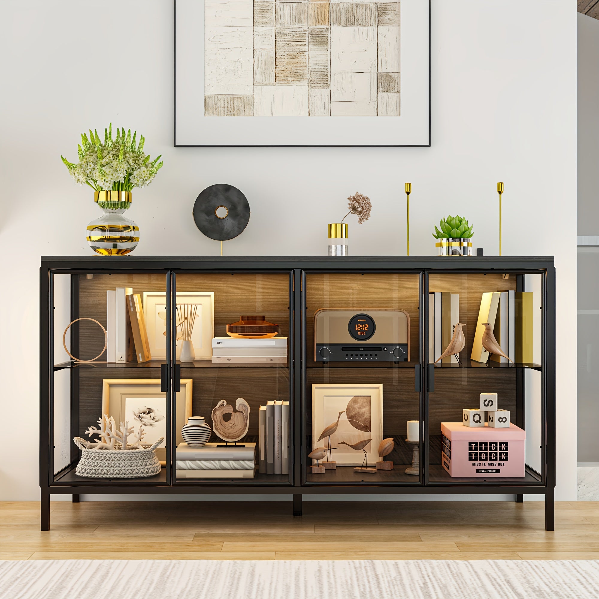 55.1'' W Glass Display Cabinet with Adjustable Lighting, Modern Storage Cabinet with 4 Storage Compartments & 4 Glass Doors, Stylish Design, for Living Room And Dining Room