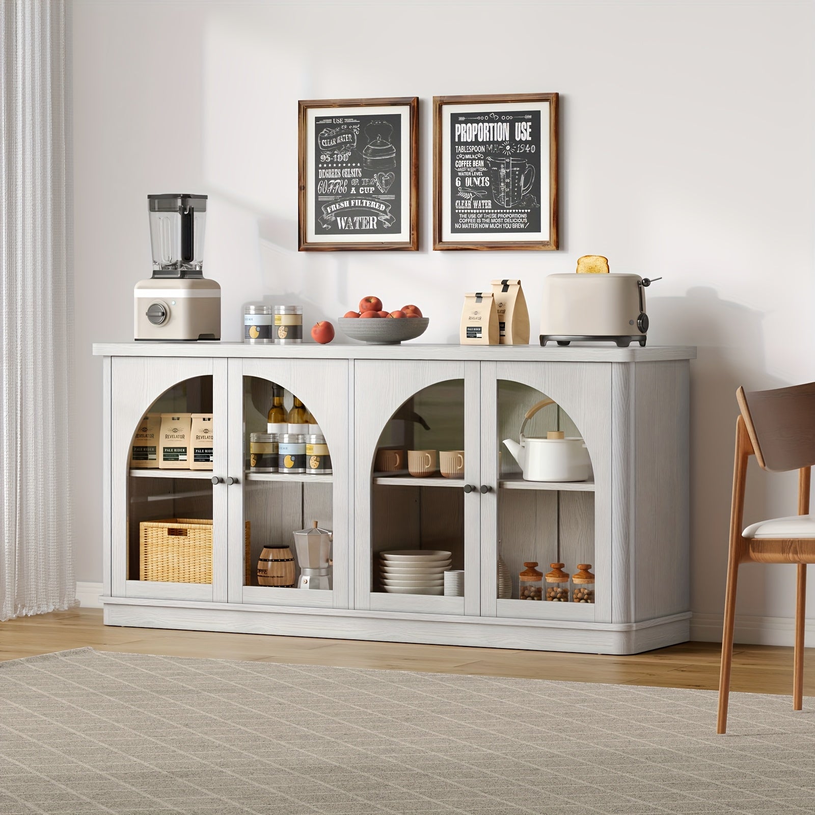 63-Inch Sideboard Buffet, Modern Arched Glass-Door Buffet, Large Curved Storage, Console-Style Sideboard with Adjustable Shelves, Suitable for Living Rooms, Kitchens, And Entryways, Black\u002FGrey Oak