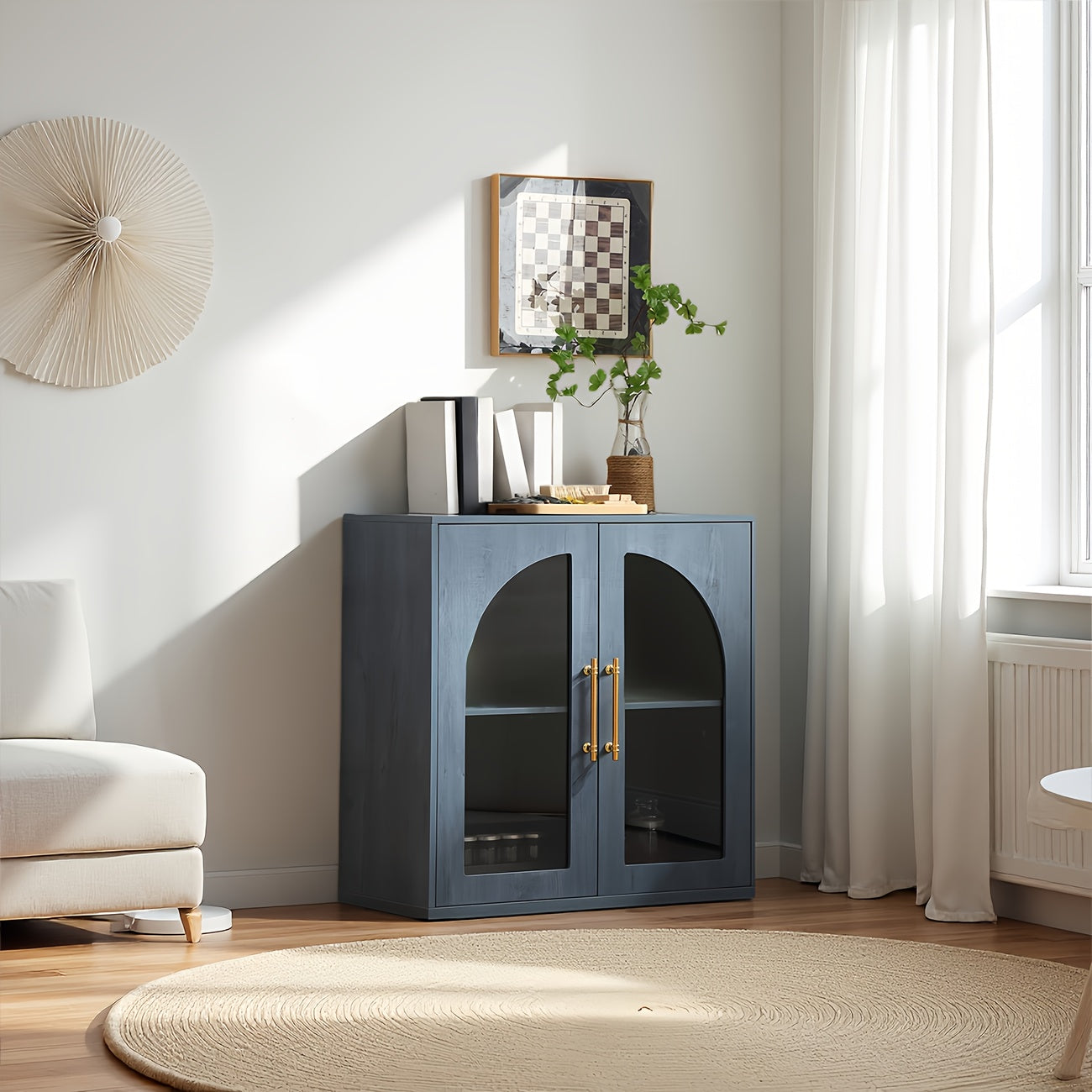Modern Natural Buffet Sideboard with Arched Glass Doors & Adjustable Shelves - Wide -Standing Storage Cabinet Suitable for Living Room, Kitchen, Dining Room, \u002FParticle Board, Low Profile, Ample Closed Storage Space
