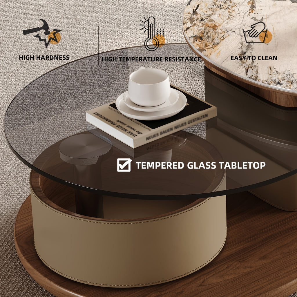 Modern No Assembly Required Nesting Coffee Table Set with 360° Rotating Sintered Stone Top And Hidden Storage