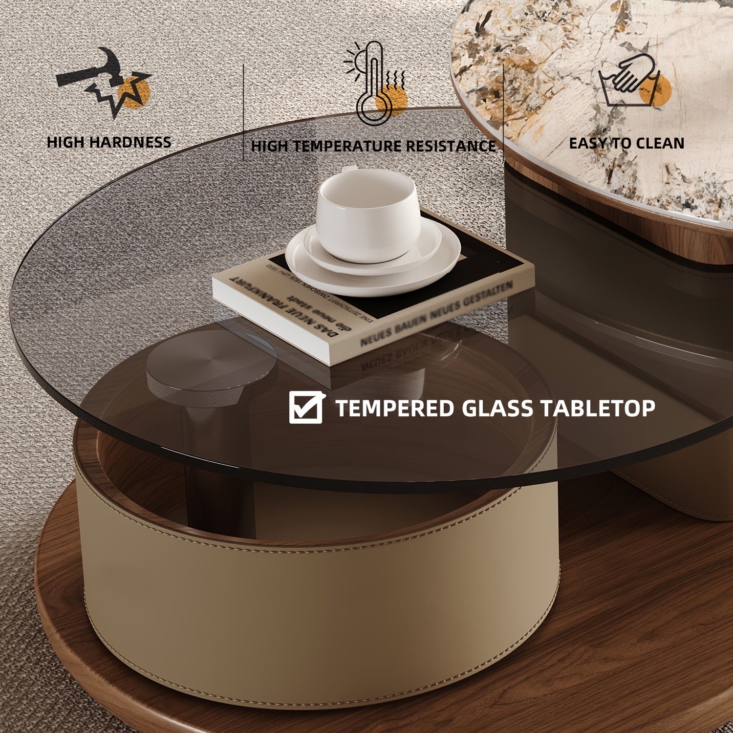 Modern No Assembly Required Nesting Coffee Table Set with 360° Rotating Sintered Stone Top And Hidden Storage