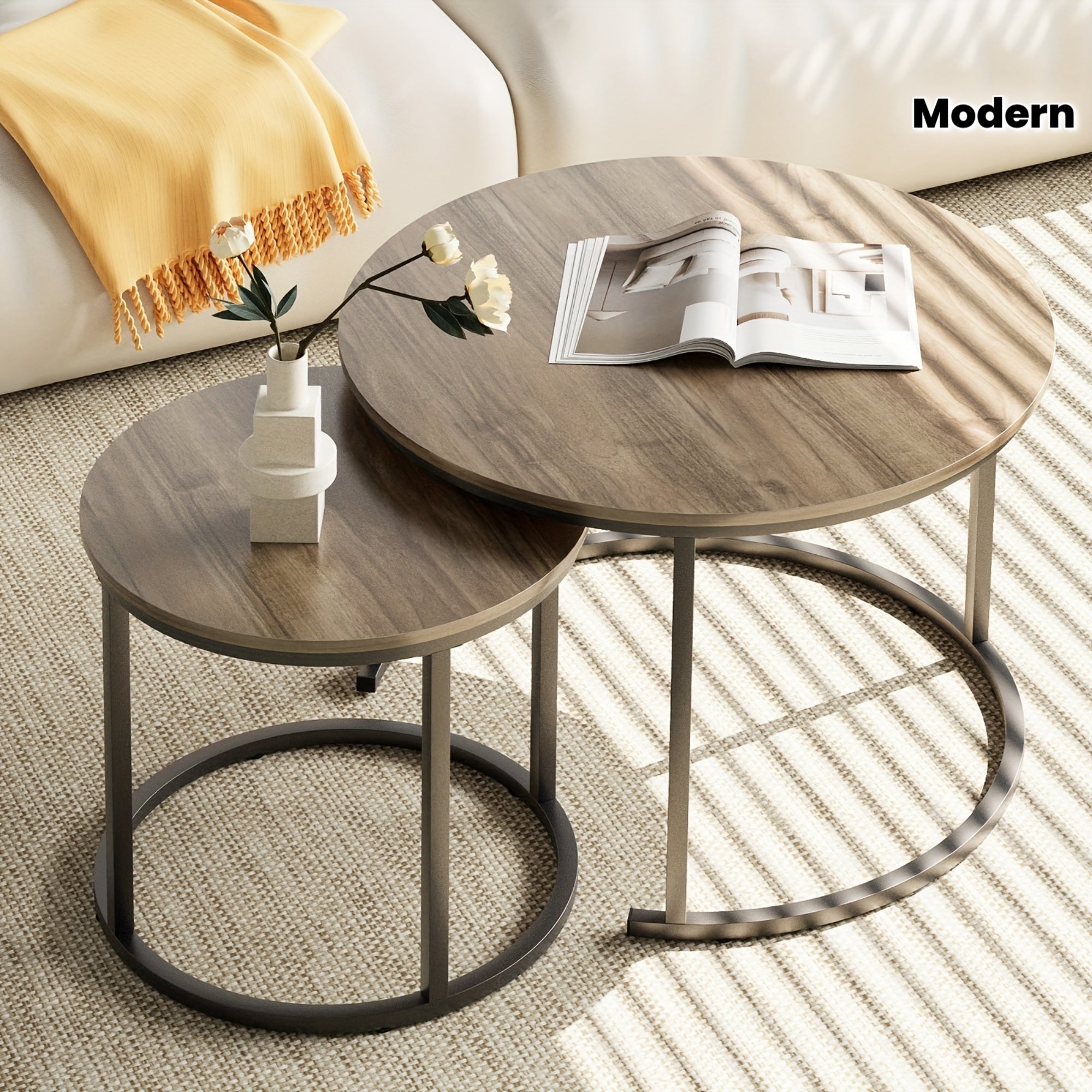 Set of Two Circular Nesting Tables Featuring a White Faux Marble Top And a Golden Frame, Perfect for Modern Living Rooms Or Bedrooms with an Industrial Touch