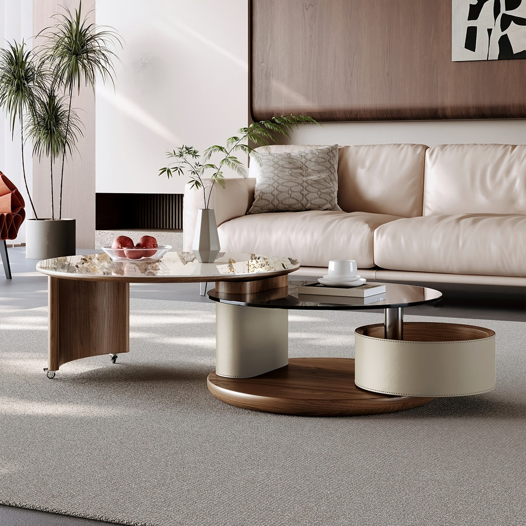 Modern No Assembly Required Nesting Coffee Table Set with 360° Rotating Sintered Stone Top And Hidden Storage