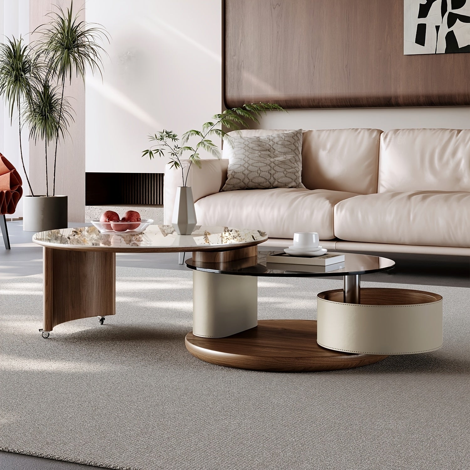 Modern No Assembly Required Nesting Coffee Table Set with 360° Rotating Sintered Stone Top And Hidden Storage