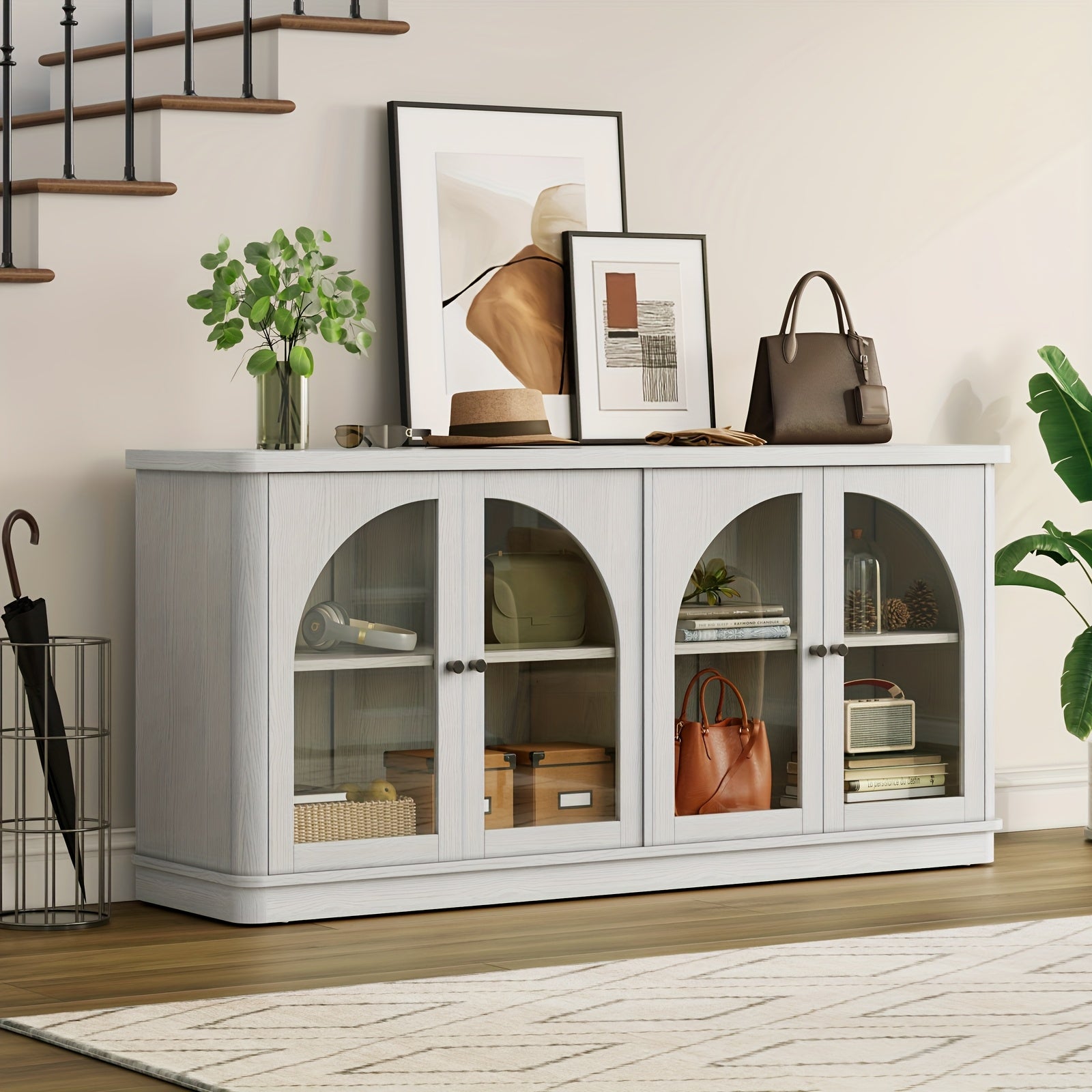 63-Inch Sideboard Buffet, Modern Arched Glass-Door Buffet, Large Curved Storage, Console-Style Sideboard with Adjustable Shelves, Suitable for Living Rooms, Kitchens, And Entryways, Black\u002FGrey Oak