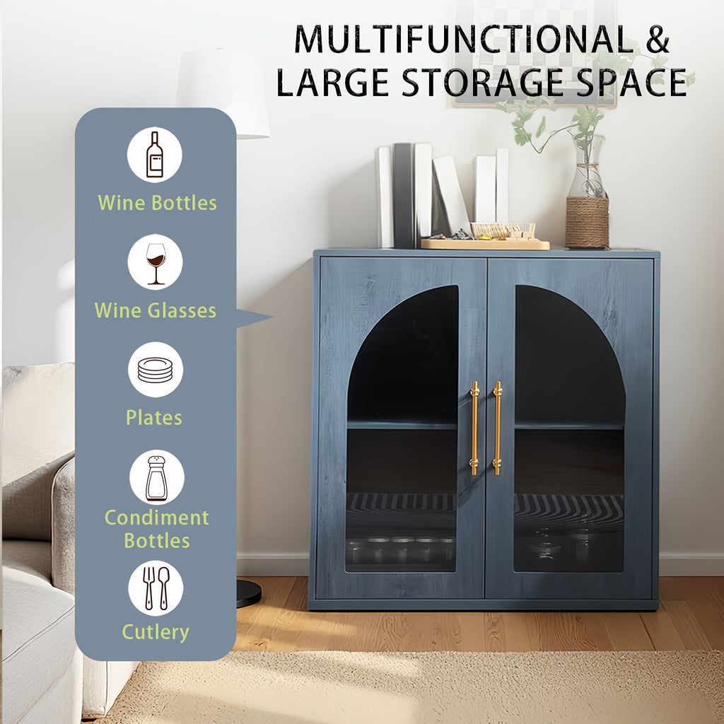 Modern Natural Buffet Sideboard with Arched Glass Doors & Adjustable Shelves - Wide -Standing Storage Cabinet Suitable for Living Room, Kitchen, Dining Room, \u002FParticle Board, Low Profile, Ample Closed Storage Space