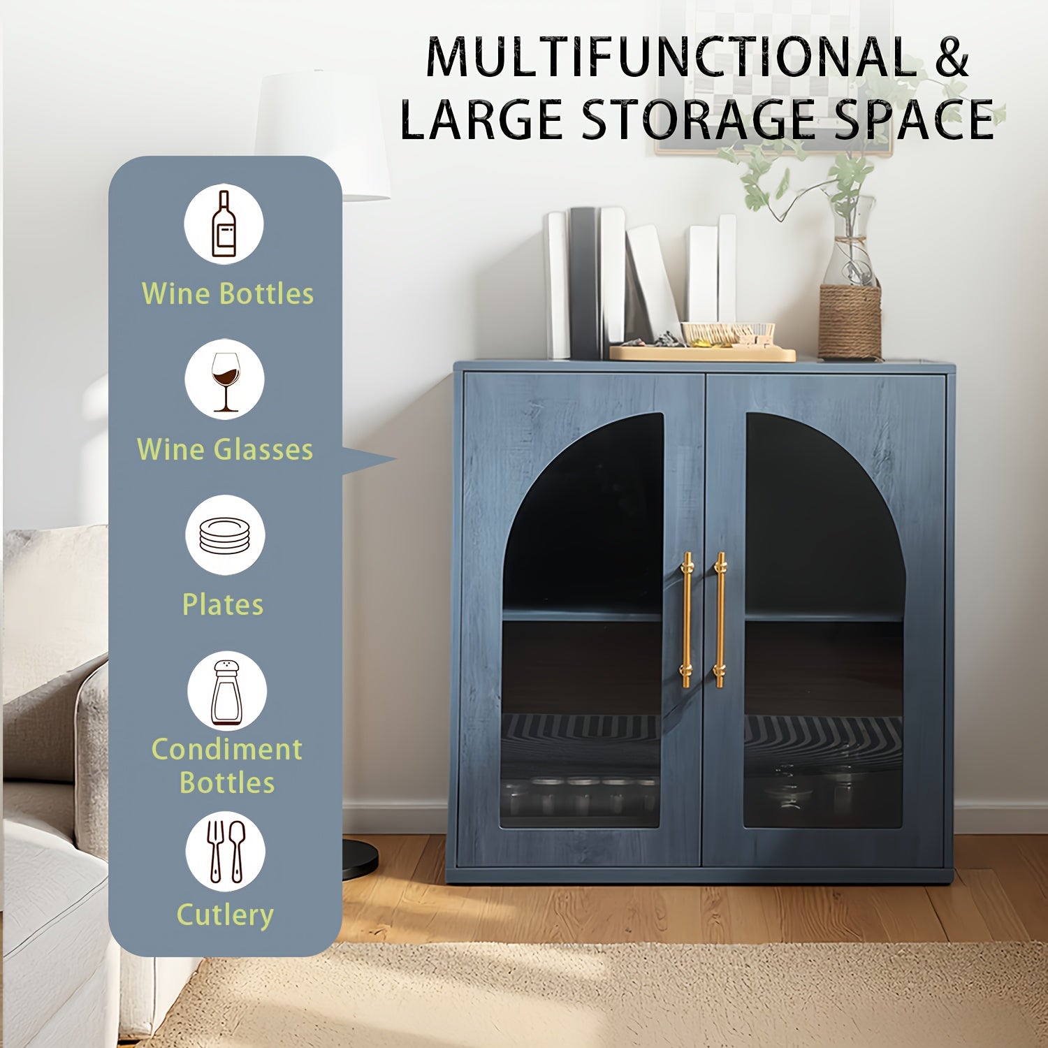 Modern Natural Buffet Sideboard with Arched Glass Doors & Adjustable Shelves - Wide -Standing Storage Cabinet Suitable for Living Room, Kitchen, Dining Room, \u002FParticle Board, Low Profile, Ample Closed Storage Space