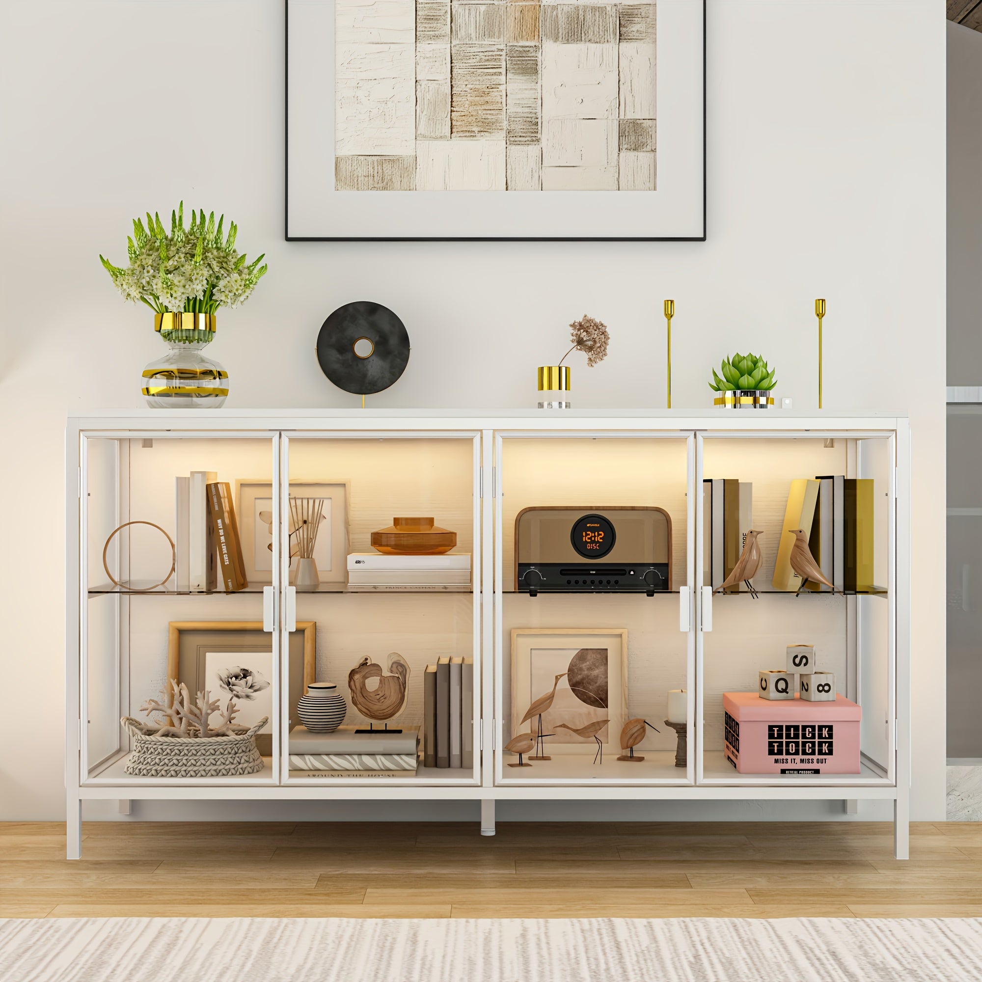 55.1'' W Glass Display Cabinet with Adjustable Lighting, Modern Storage Cabinet with 4 Storage Compartments & 4 Glass Doors, Stylish Design, for Living Room And Dining Room