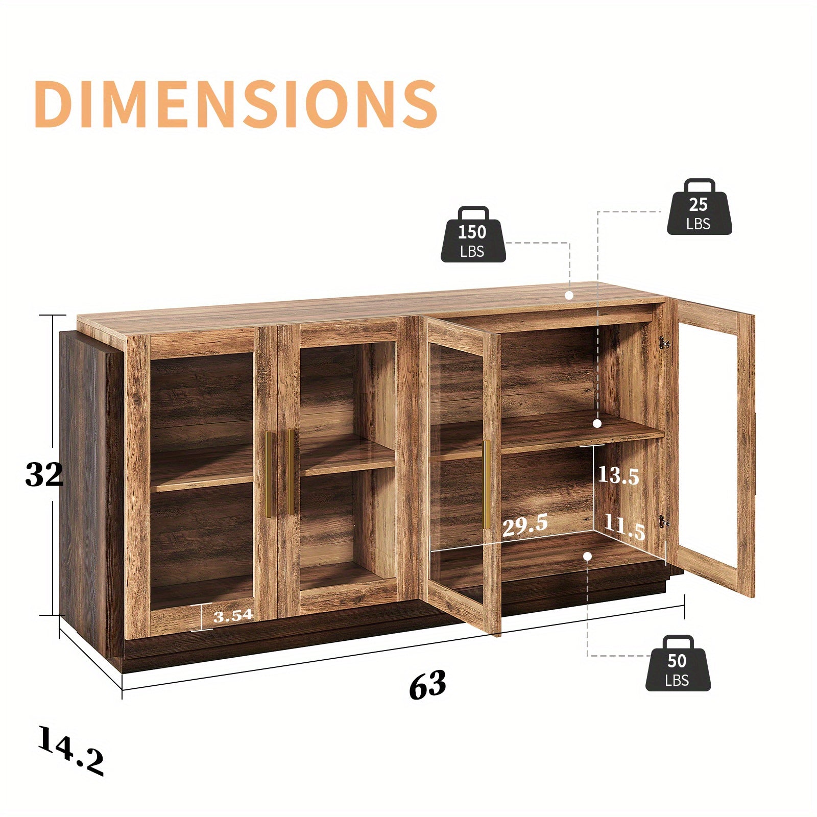 ALBOTT Sideboard Buffet Cabinet with Storage 64 Inch Cabinet with Glass Door Modern Wood Buffet Cabinet for Dining Area Kitchen And Hallway