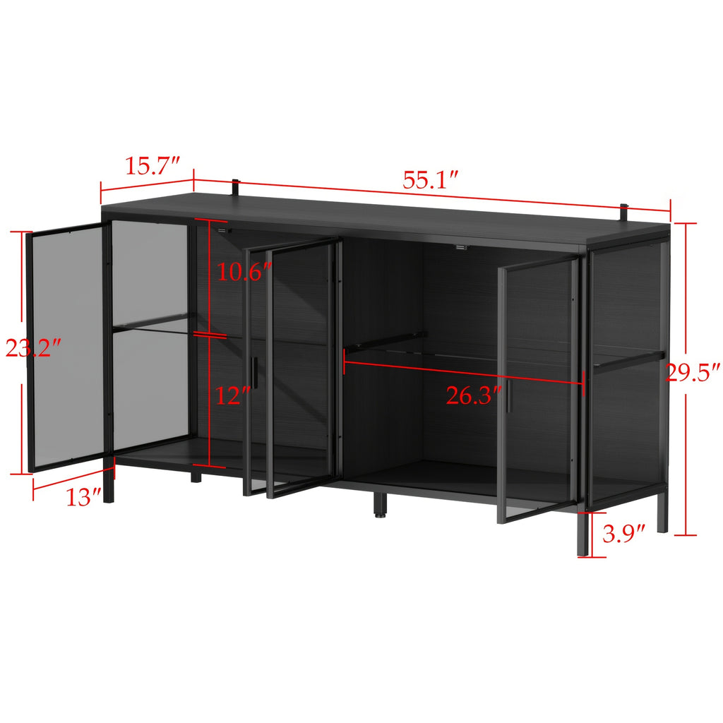 55.1'' W Glass Display Cabinet with Adjustable Lighting, Modern Storage Cabinet with 4 Storage Compartments & 4 Glass Doors, Stylish Design, for Living Room And Dining Room