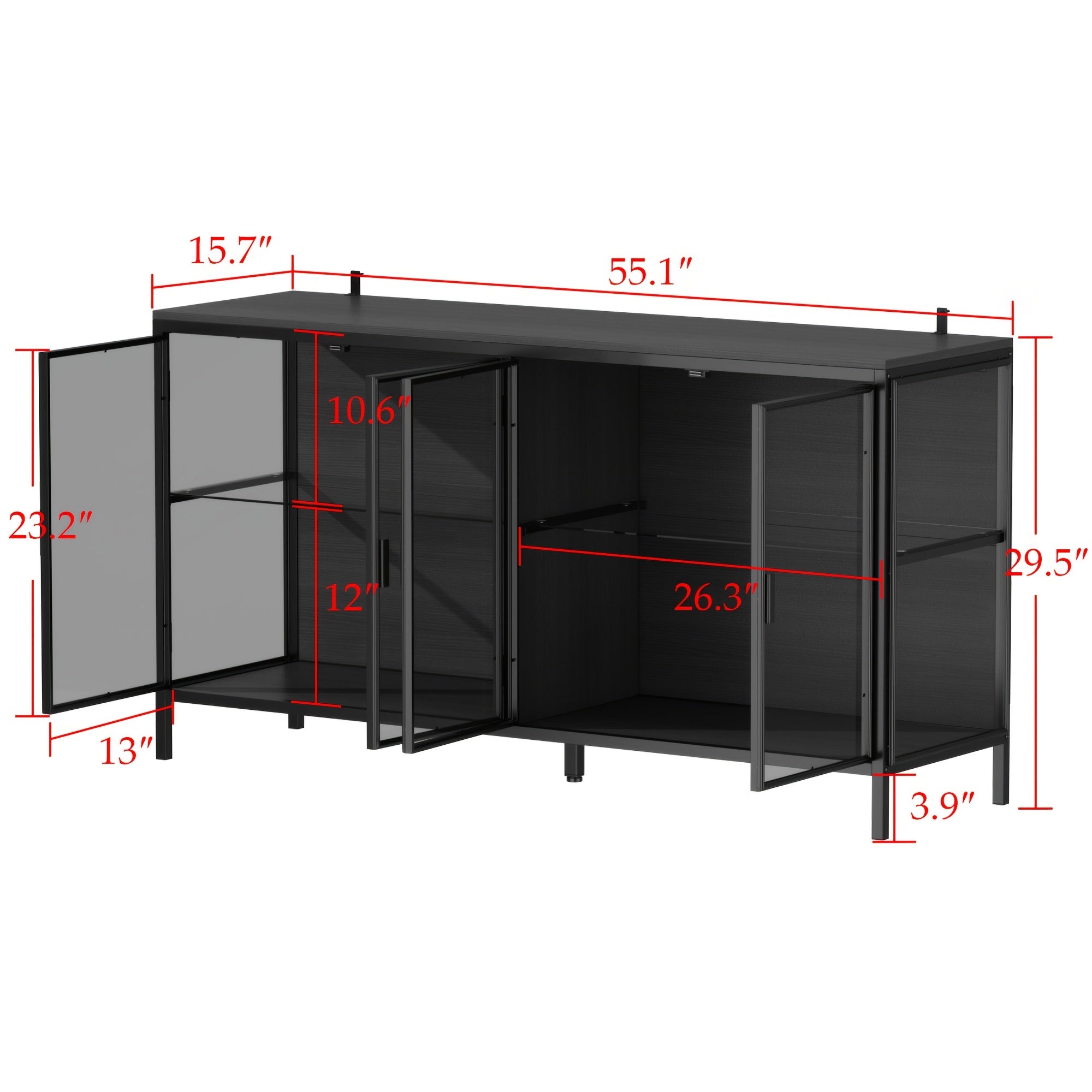 55.1'' W Glass Display Cabinet with Adjustable Lighting, Modern Storage Cabinet with 4 Storage Compartments & 4 Glass Doors, Stylish Design, for Living Room And Dining Room