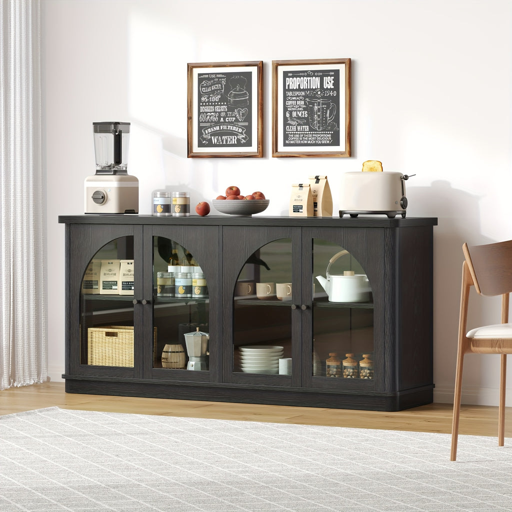 63-Inch Sideboard Buffet, Modern Arched Glass-Door Buffet, Large Curved Storage, Console-Style Sideboard with Adjustable Shelves, Suitable for Living Rooms, Kitchens, And Entryways, Black\u002FGrey Oak