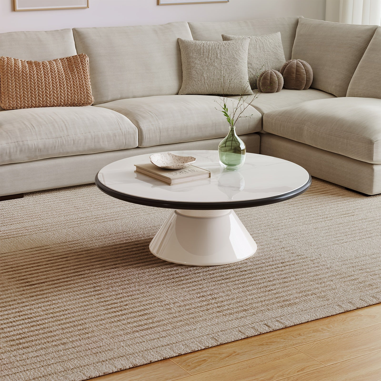 Modern Round Coffee Table with Cream White Stone Glass Top & Stain-Resistant Base - Easy-Clean Single Pedestal Center Table, 27.95-Inch Round for Living Room, Bedroom - MDF\u002FFBDF Frame, Suitable for Modern or Decor