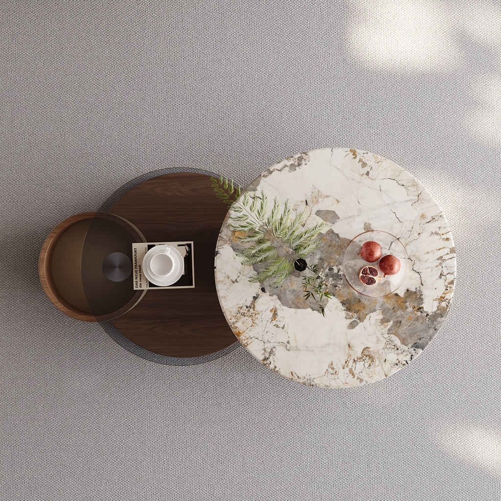 Modern No Assembly Required Nesting Coffee Table Set with 360° Rotating Sintered Stone Top And Hidden Storage