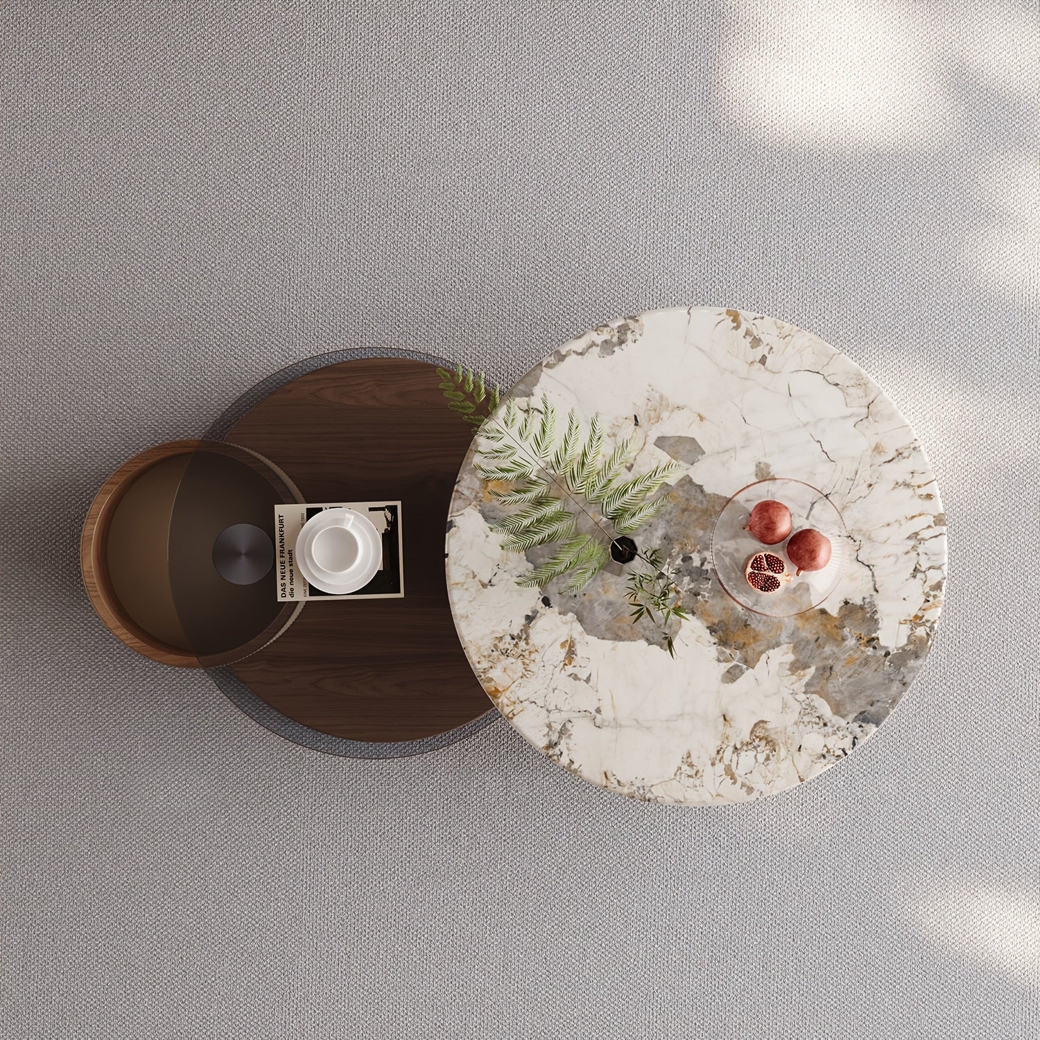 Modern No Assembly Required Nesting Coffee Table Set with 360° Rotating Sintered Stone Top And Hidden Storage