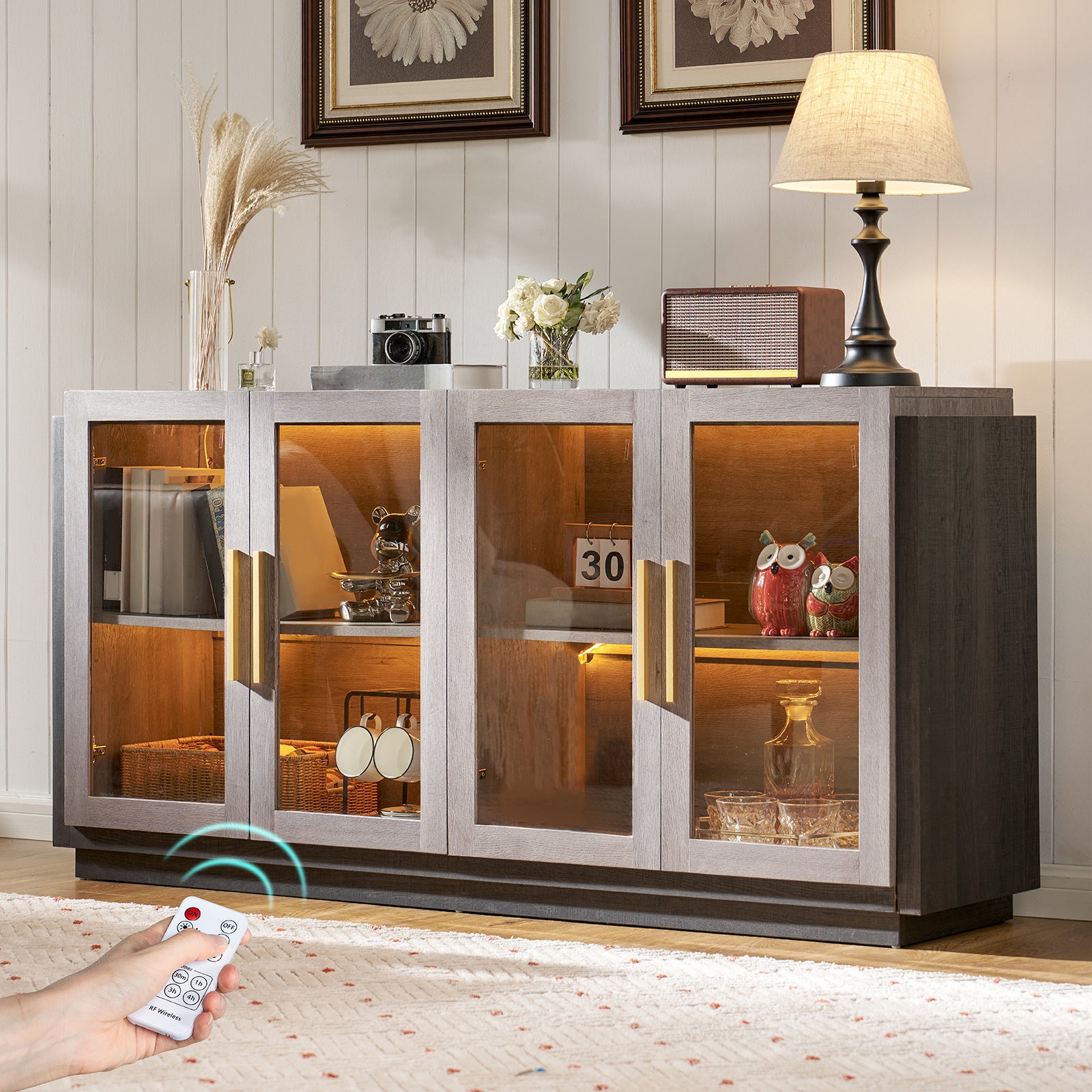 ALBOTT Sideboard Buffet Cabinet with Storage 64 Inch Cabinet with Glass Door Modern Wood Buffet Cabinet for Dining Area Kitchen And Hallway