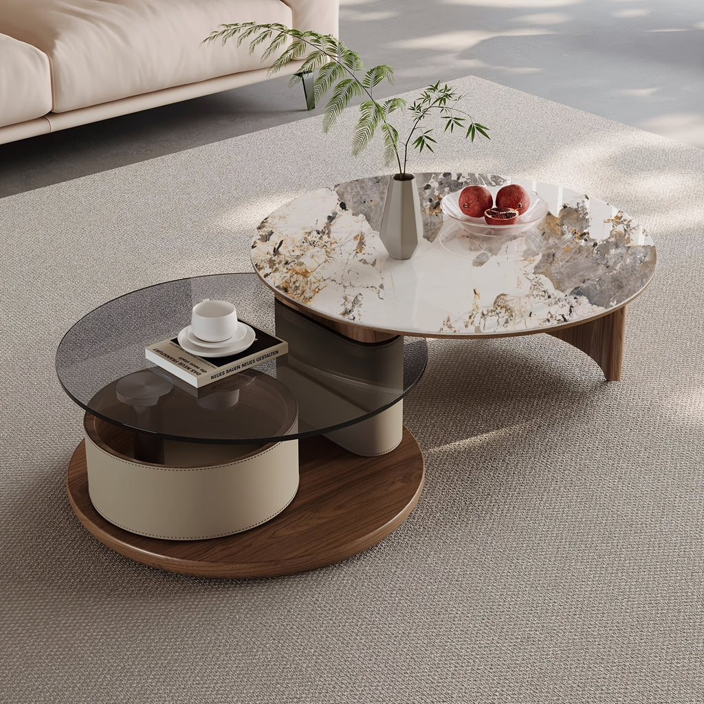 Modern No Assembly Required Nesting Coffee Table Set with 360° Rotating Sintered Stone Top And Hidden Storage