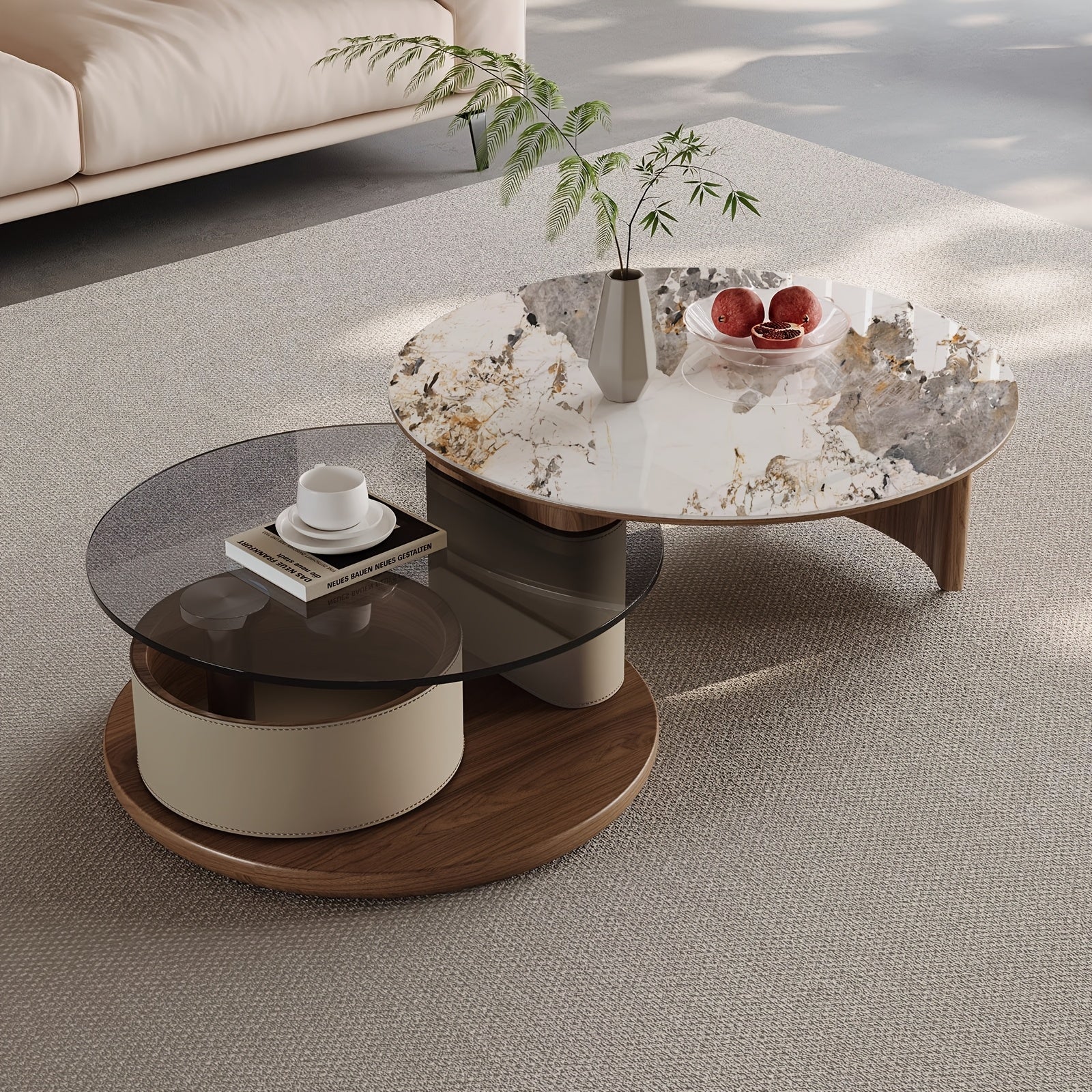 Modern No Assembly Required Nesting Coffee Table Set with 360° Rotating Sintered Stone Top And Hidden Storage