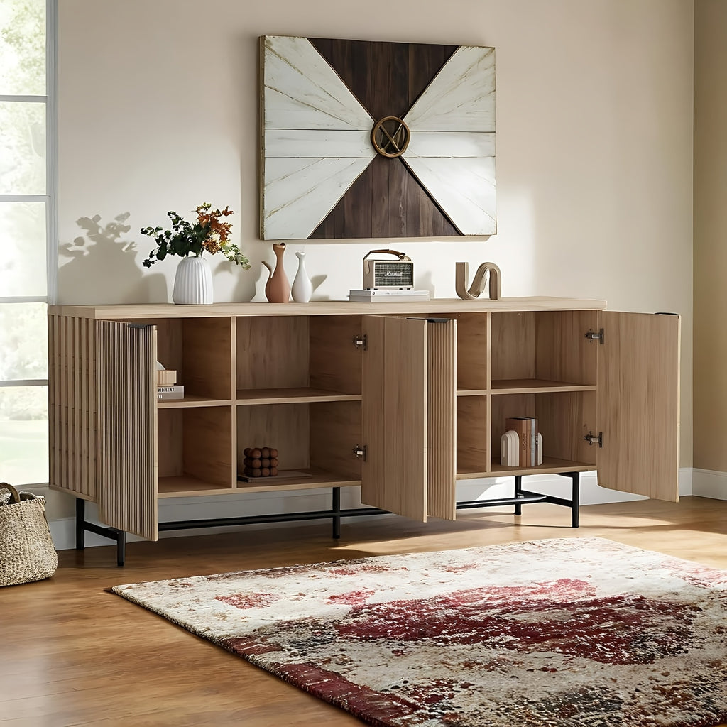 68” Large Modern Oak Carved Edge Cabinet with 4 Doors & Adjustable Shelves - Multi-Functional Storage Suitable for Living Room, Dining Room, Entryway, -Standing Contemporary Sideboard with Panel Doors, Assembly Required ( Wood Tone)
