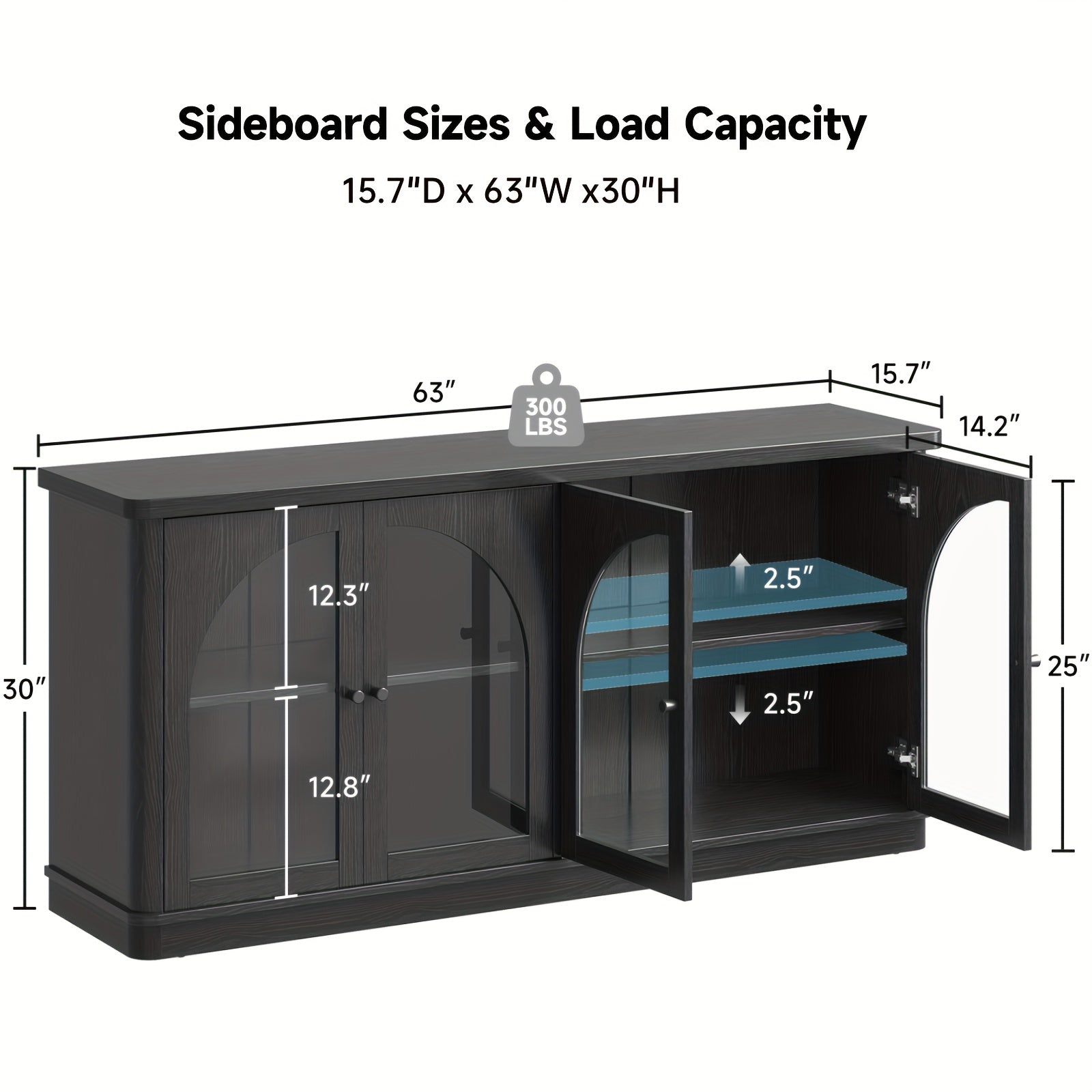 63-Inch Sideboard Buffet, Modern Arched Glass-Door Buffet, Large Curved Storage, Console-Style Sideboard with Adjustable Shelves, Suitable for Living Rooms, Kitchens, And Entryways, Black\u002FGrey Oak