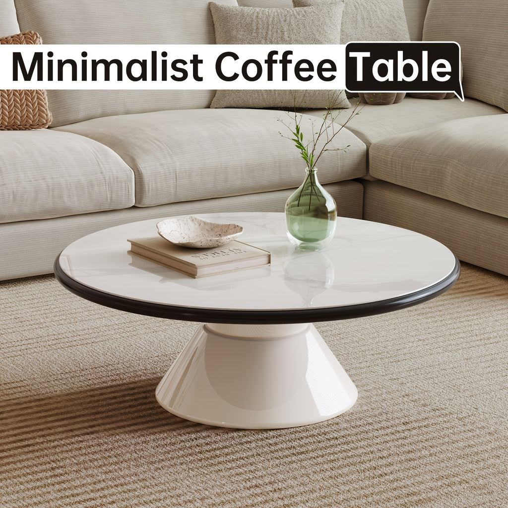 Modern Round Coffee Table with Cream White Stone Glass Top & Stain-Resistant Base - Easy-Clean Single Pedestal Center Table, 27.95-Inch Round for Living Room, Bedroom - MDF\u002FFBDF Frame, Suitable for Modern or Decor