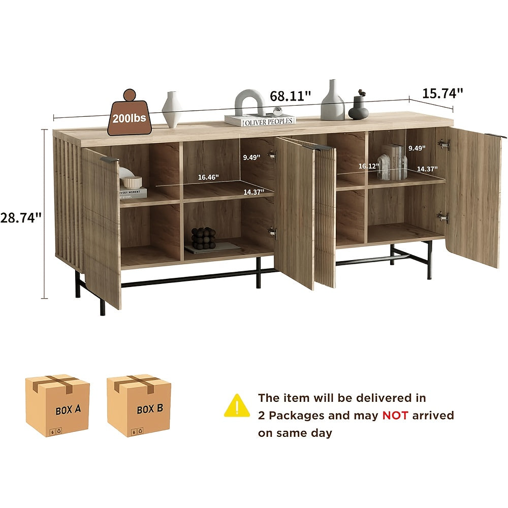 68” Large Modern Oak Carved Edge Cabinet with 4 Doors & Adjustable Shelves - Multi-Functional Storage Suitable for Living Room, Dining Room, Entryway, -Standing Contemporary Sideboard with Panel Doors, Assembly Required ( Wood Tone)