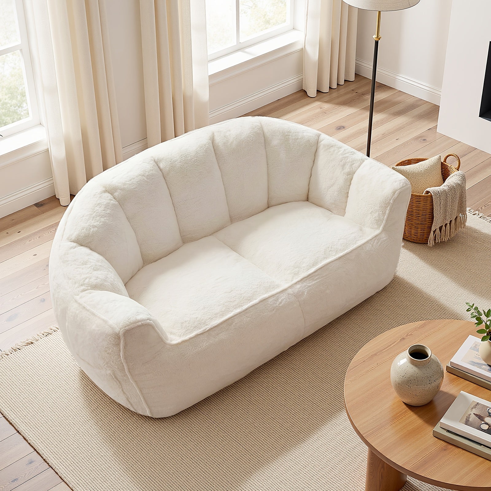 Oversized Plush Faux Fur Bean Bag Chair & Lounger - Large Foam Sofa Suitable for Bed, Couch, Office Chair, No Assembly Required, Shredded Foam, Modern Minimalist, - for -Room Use (White)