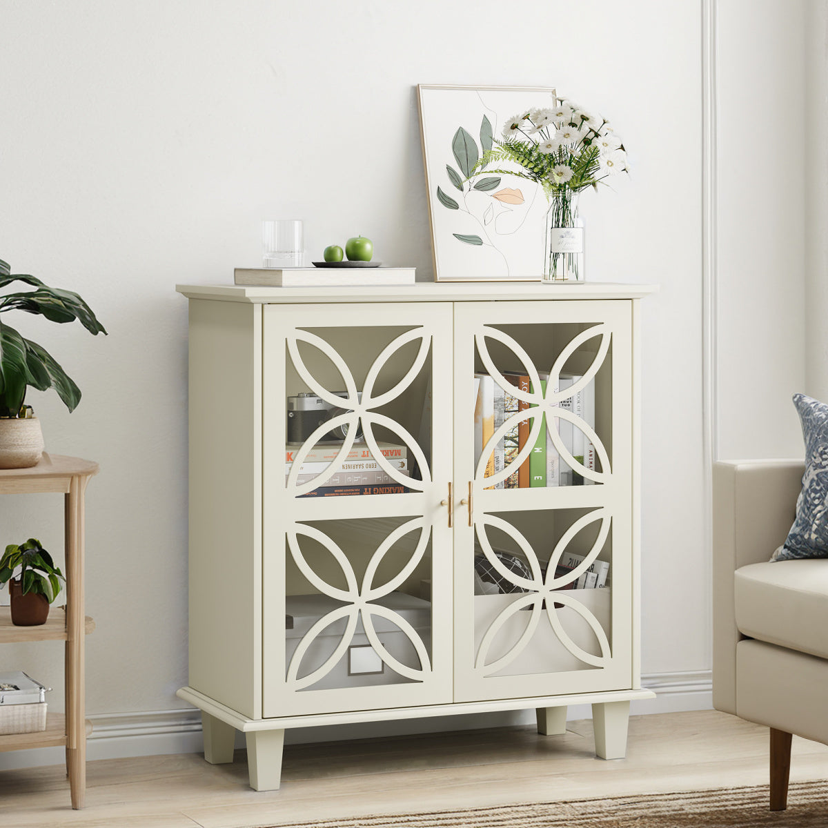 2-Door Decorative Storage Cabinet | Sideboard Buffet, Freestanding Bathroom Cabinet with Tempered Glass, Modern Retro Kitchen Console Table, Art Deco Style, Floor Mount, Color